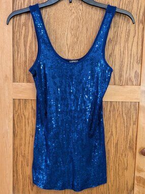 Express Sexy Basics Y2K Brilliant Blue Sequin Sleeveless Tank Top, Small (video)